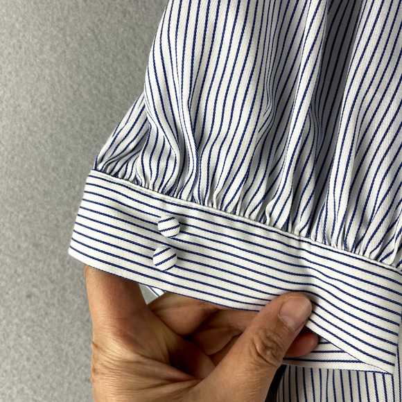 Alex Marie Fit Flare Dress Womens 10 Pinstripe Cinch Puff Sleeve Classy Minimal - Picture 7 of 14